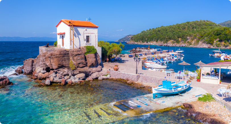 Skala Sikamineas harbour with Panagia Gorgona chapel, Lesvos